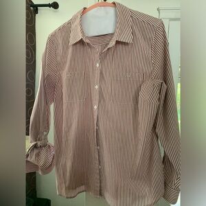 Women’s, soft brown and white striped button down shirt. Size: Petite Large